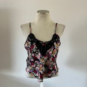 Vtg Y2K 2000s Dark Floral Lace Trim Cami Tank Top Wmns M Whimsigoth Fairy